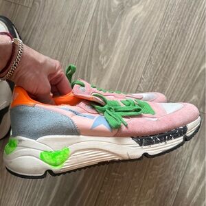 Golden Goose Summer 2020 Colorful Running Sneakers with Green Laces, barely worn